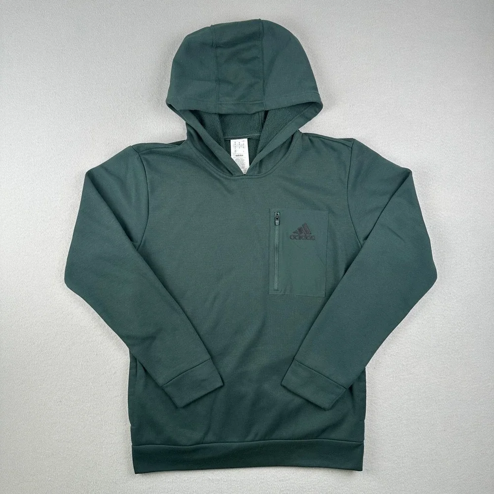 Adidas Hoodie Mens Medium Green Zip Chest Pocket Fleece Pullover JG8148